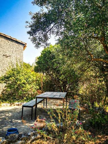 una mesa de picnic y un banco en un jardín en Villa Mon Caprice en Roquemaure