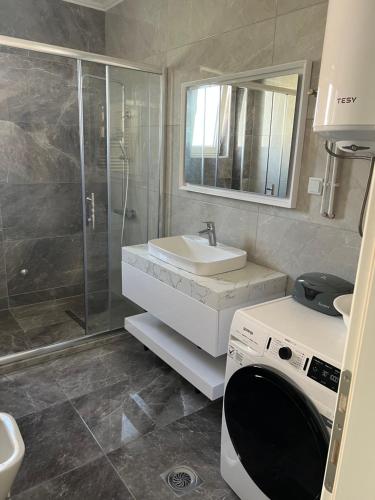 a bathroom with a sink and a shower and a washing machine at Duča Apartmani in Plav