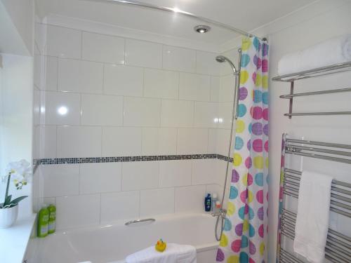 a bathroom with a tub and a shower curtain at Alpine Park Cottages in Aylesbeare