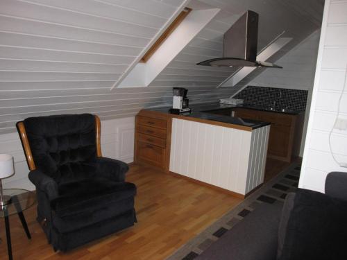 ein Wohnzimmer mit einem Stuhl und einer Theke in der Unterkunft Skålafjæro 25 in Rosendal