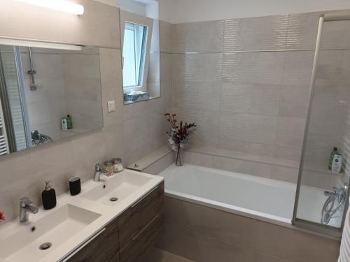 ein Badezimmer mit einer Badewanne, einem Waschbecken und einem Spiegel in der Unterkunft HANDLER Apartman Sopron in Sopron