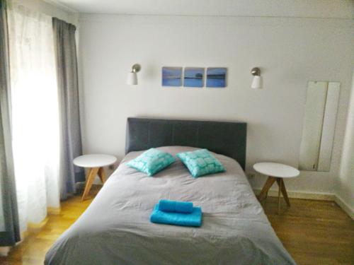 a bedroom with a bed with two blue pillows at Apartment with private parking next to metro station close to center in Lisbon