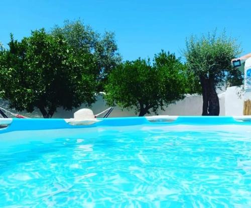 a blue swimming pool with trees in the background at A Casa do Barqueiro- Alentejo in Pedrógão