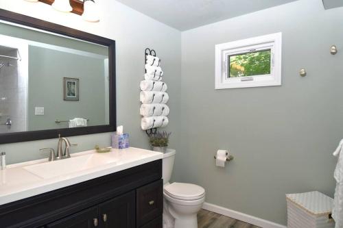 Un baño con lavabo, inodoro y espejo. en Luxury Cottage at Millpond Falls, en Warwick