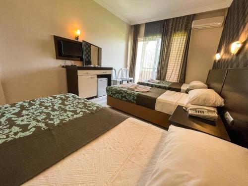 CASTLE PARK HOTEL في بيلديبي: غرفه فندقيه سريرين وتلفزيون