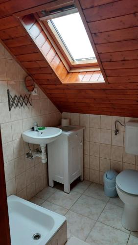 a bathroom with a toilet and a sink and a skylight at Naplopó-lak in Ábrahámhegy