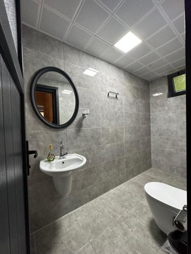 La salle de bains est pourvue d'un lavabo, d'un miroir et de toilettes. dans l'établissement Paye Suite, à Uzungöl