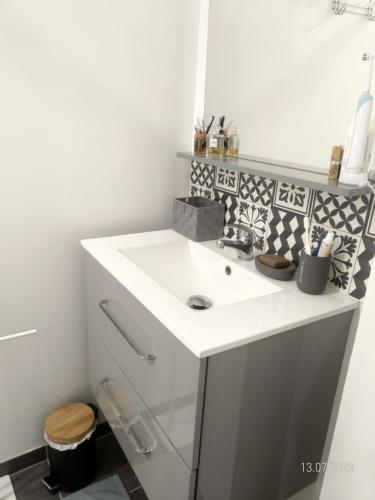 ein Badezimmer mit einem weißen Waschbecken und einem WC in der Unterkunft Biganosconfort in Biganos