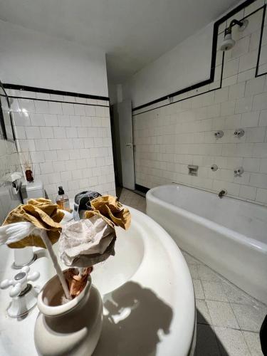 a bathroom with a toilet and a bath tub at Refugio Francés en Buenos Aires in Buenos Aires