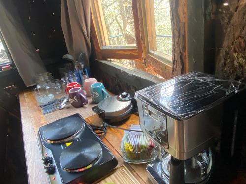 eine Küche mit einer Kaffeemaschine auf der Theke in der Unterkunft Cabañas Everest in Mineral del Monte