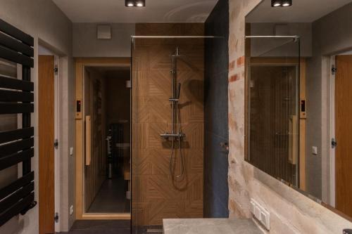 a shower in a bathroom with a wooden door at Willa Rustica in Muszyna
