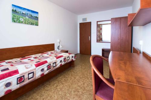 プラハにあるEislerova kolej Jarovのベッドルーム1室(ベッド1台、木製テーブル付)