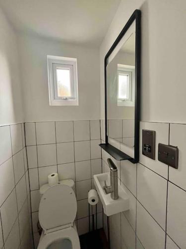 La salle de bains blanche est pourvue de toilettes et d'un miroir. dans l'établissement Studio in the heart of London, à Londres