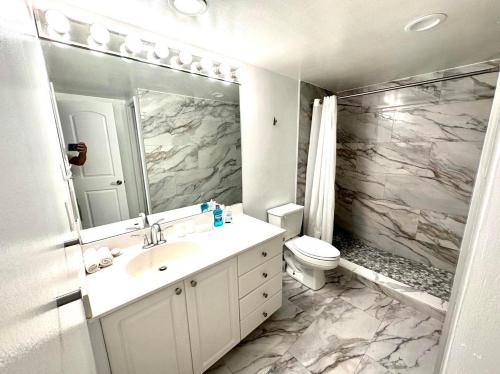 a bathroom with a sink and a toilet and a mirror at Sunny Isles Miami HOLIDAY apartment in Miami Beach