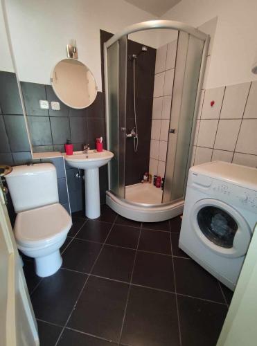 a bathroom with a shower toilet and a washing machine at Cozy Apartment Palazzo in Ohrid