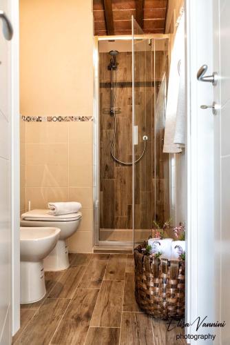 a bathroom with a toilet and a glass shower at La casa delle Rondini in Forcoli