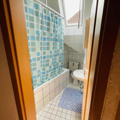 W łazience znajduje się prysznic i umywalka. w obiekcie Nette Kuschelige Wohnung 2 w mieście Bochum