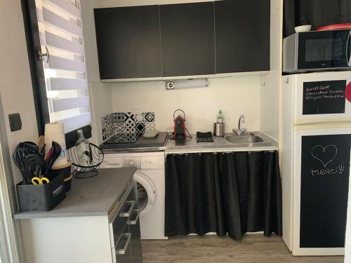 Il comprend une petite cuisine équipée d'une cuisinière et d'un évier. dans l'établissement Appartement avec vue sur le port, à Port-Leucate