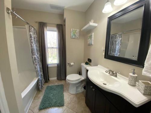 a bathroom with a sink and a toilet and a mirror at Hidden Gem Secluded Home Steps from Bike Path in Schenectady