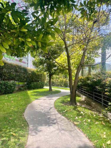 a walkway in a park with trees and grass at Apartamento en Ecovivienda Fase 2 Tegucigalpa in Tegucigalpa