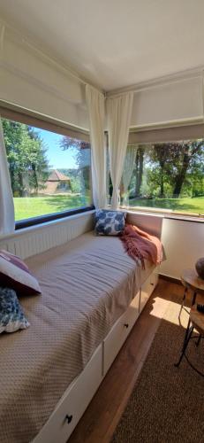 a bed in a room with a large window at Mini Hill - Tiny House in Gorušenjak