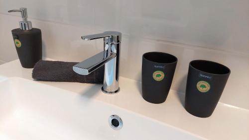 a bathroom sink with two cups and a faucet at Markus Apartment in Strobl