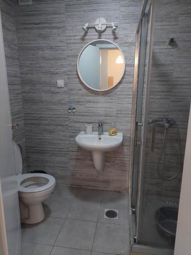 W łazience znajduje się umywalka, toaleta i lustro. w obiekcie Rainbow apartment w mieście Dolno Nerezi