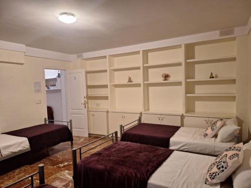 sypialnia z 2 łóżkami i półkami na ścianie w obiekcie Pension El Dorado w Alicante