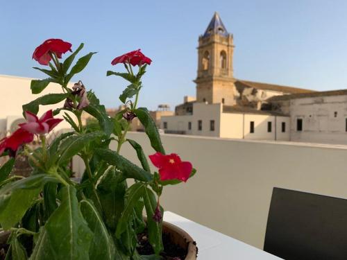 a potted plant sitting on a table with a clock tower at B&B Ramura in Mazara del Vallo