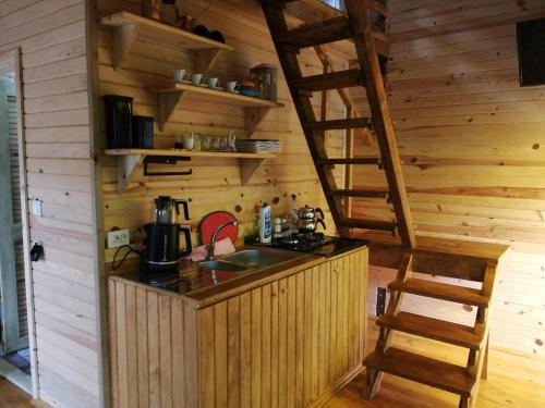 a kitchen with a sink in a wooden cabin at YEŞİL BAHÇE EVLERİ 