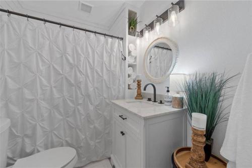 bagno con lavandino, servizi igienici e specchio di The Pinewood House a Waco