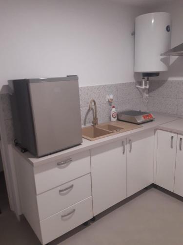 una cucina con un lavandino e una TV su un bancone di STUDIO 25 a Vaslui