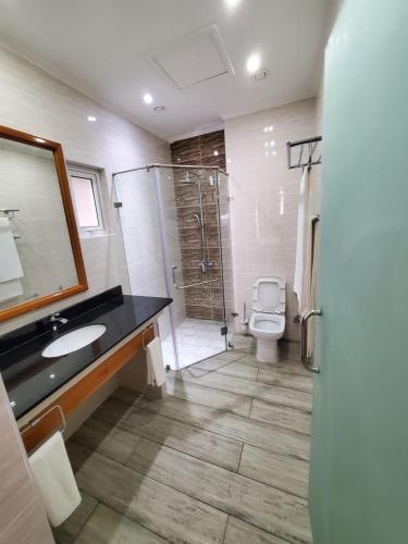 a bathroom with a sink and a shower and a toilet at Lakaz Kreol in Beau Vallon