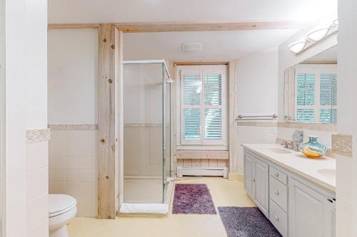 a bathroom with a shower and a toilet and a sink at Tranquil Haven in West Tisbury