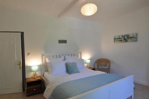 een slaapkamer met een groot bed met 2 lampen bij Petite Maison au coin in Festalemps