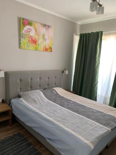 1 cama en un dormitorio con una pintura en la pared en La Amanda, en Floreşti
