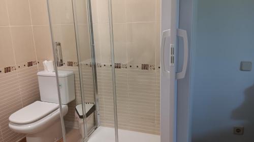 W łazience znajduje się toaleta i przeszklony prysznic. w obiekcie El Colmenar Habitaciones w Madrycie