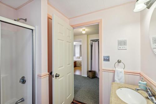 a bathroom with a sink and a mirror at Charming and Scenic Gouldsboro Getaway with Patio! in Gouldsboro