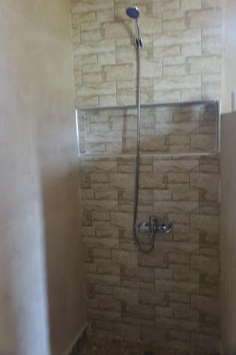 a shower in a bathroom with a brick wall at Relais De Tahla in Aïn Bou Mahdi