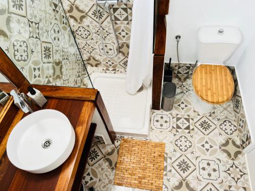 een badkamer met een witte wastafel en een toilet bij LeS OiSeauX in Nazaret