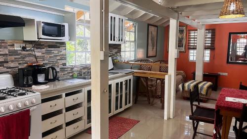 a kitchen with a stove and a counter top at Coco Mango Suites in Portsmouth
