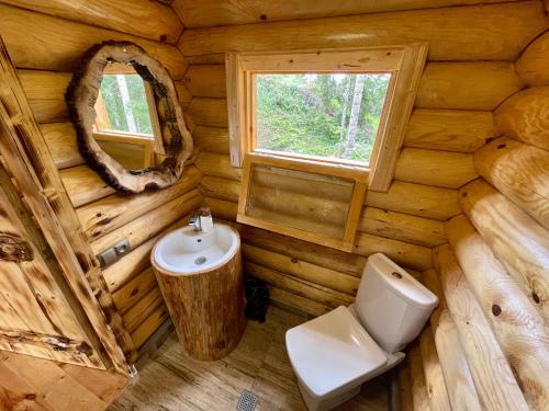 a bathroom with a toilet and a sink in a log cabin at Cottage farvana in Khulo