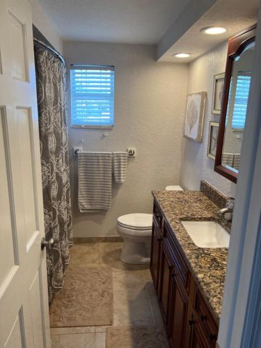 a bathroom with a toilet and a sink and a mirror at Poolside Paradise & Beach Bound in Seminole
