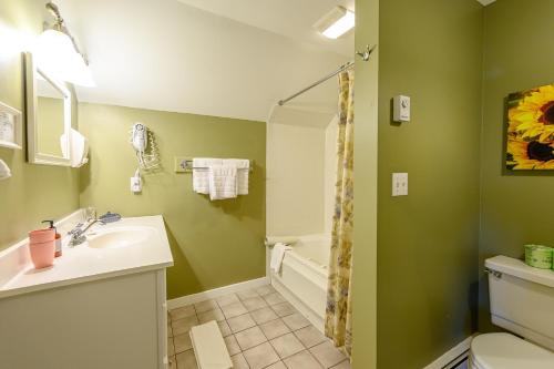 a bathroom with a sink and a toilet and a shower at Brass Lantern Inn in Stowe