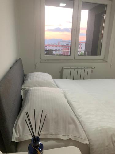 Cette chambre comprend un lit avec deux oreillers et une fenêtre. dans l'établissement Apartments Bulevar, à Sarajevo