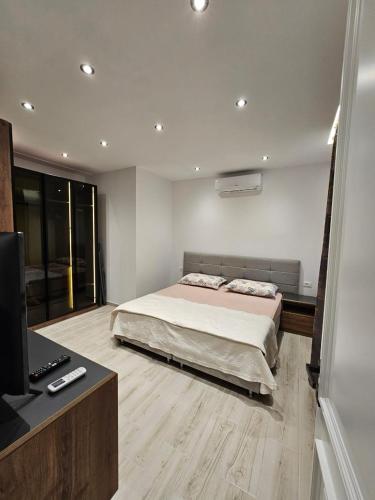 een slaapkamer met een bed en een bureau met een televisie bij Vila 4G in Tirana