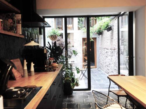 eine Küche mit einer Theke und einem Tisch mit Pflanzen in der Unterkunft Bonjour Pierreuse in Lüttich