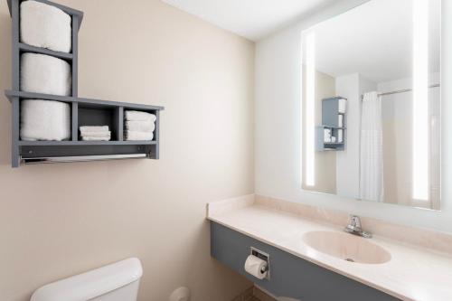 La salle de bains est pourvue d'un lavabo et d'un miroir. dans l'établissement Grandstay Apple Valley, à Apple Valley