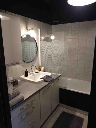 une salle de bain avec un lavabo, une baignoire et un miroir dans l'établissement Appartement centre historique quartier cathédrale, à Bourges