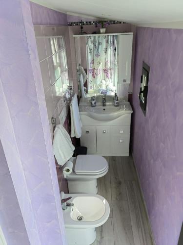 a purple bathroom with a toilet and a sink at Il giglio bianco in Ischia di Castro